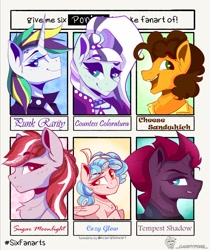 Size: 1716x2040 | Tagged: safe, artist:_candypone_, cheese sandwich, coloratura, cozy glow, rarity, sugar moonlight, tempest shadow, earth pony, pegasus, pony, unicorn, g4, g5, alternate hairstyle, broken horn, eyebrows, eyebrows visible through hair, horn, lidded eyes, looking at you, open mouth, open smile, punk, raripunk, six fanarts, smiling, unamused