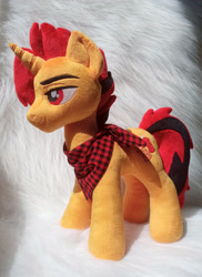 Size: 2526x3478 | Tagged: safe, artist:doctorkoda, oc, oc only, pony, unicorn, clothes, commission, high res, horn, irl, male, photo, plushie, scarf, smiling, stallion, standing