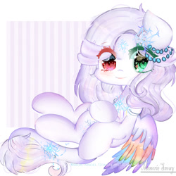 Size: 1024x1024 | Tagged: safe, artist:magicangelstarartist, oc, oc only, oc:memorie snowy, pegasus, pony, colored wings, female, heterochromia, looking at you, mare, multicolored wings, reclining, simple background, sitting, solo, starry eyes, wingding eyes, wings