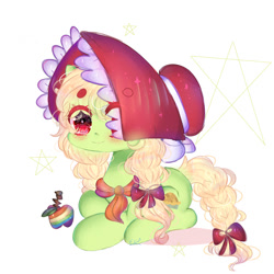 Size: 1024x1024 | Tagged: safe, artist:magicangelstarartist, granny smith, earth pony, pony, g4, apple, bonnet, clothes, female, food, mare, ribbon, scarf, simple background, smiling, solo, young granny smith, younger, zap apple