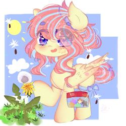 Size: 1024x1024 | Tagged: safe, artist:magicangelstarartist, oc, oc only, pegasus, pony, bag, female, flower, handbag, mare, multicolored hair, multicolored mane, plant, ribbon, simple background, smiling, solo, starry eyes, wingding eyes