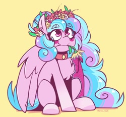 Size: 1640x1521 | Tagged: safe, artist:lrusu, oc, oc only, pegasus, pony, blushing, chest fluff, eyebrows, eyebrows visible through hair, floral head wreath, flower, mouth hold, not izzy moonbow, pegasus oc, sitting, solo