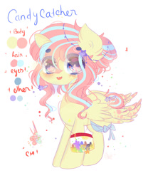 Size: 1024x1229 | Tagged: safe, artist:magicangelstarartist, oc, oc only, oc:candy catcher, pegasus, pony, bag, female, hairclip, handbag, mare, reference, ribbon, simple background, smiling, solo, text