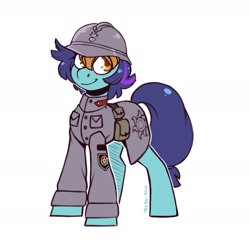 Size: 1682x1640 | Tagged: safe, artist:lrusu, oc, oc only, earth pony, pony, equestria at war mod, clothes, eye clipping through hair, helmet, simple background, smiling, solo, uniform, white background