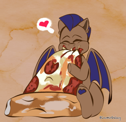 Size: 2469x2395 | Tagged: safe, artist:cosmiclitgalaxy, oc, oc:distant echo, bat pony, pony, eating, food, heart, high res, pizza, solo, thought bubble