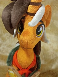 Size: 3072x4096 | Tagged: safe, artist:doctorkoda, oc, oc only, pony, unicorn, clothes, commission, goggles, horn, irl, male, photo, plushie, scarf, smiling, solo, stallion, standing