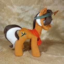 Size: 3120x3148 | Tagged: safe, artist:doctorkoda, oc, oc only, pony, unicorn, clothes, commission, goggles, high res, horn, irl, male, photo, plushie, scarf, smiling, solo, stallion, standing