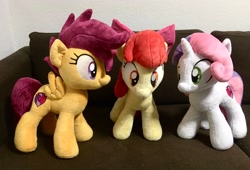 Size: 2048x1390 | Tagged: safe, artist:rtryart, apple bloom, scootaloo, sweetie belle, earth pony, pegasus, pony, unicorn, g4, apple bloom's bow, bow, cutie mark crusaders, female, hair bow, horn, irl, photo, plushie, smiling, spread wings, standing, trio, trio female, wings