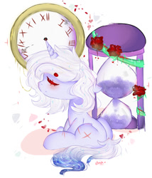 Size: 1024x1195 | Tagged: safe, artist:magicangelstarartist, oc, oc only, oc:anita, pony, unicorn, art trade, clock, eyes closed, female, hourglass, mare, scar, side view, simple background, solo