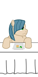 Size: 1500x3000 | Tagged: safe, artist:jimthecactus, oc, oc only, earth pony, pony, food, frown, looking sideways, male, ponysona, simple background, solo, stallion, table, transparent background