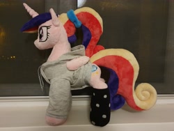 Size: 4032x3024 | Tagged: safe, artist:melodisde, princess cadance, alicorn, pony, g4, clothes, female, folded wings, hoodie, horn, irl, mare, photo, plushie, ponytail, socks, solo, standing, teen princess cadance, wings