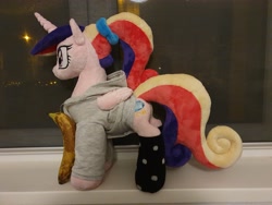 Size: 4032x3024 | Tagged: safe, artist:melodisde, princess cadance, alicorn, pony, g4, clothes, female, folded wings, hoodie, horn, irl, mare, photo, plushie, ponytail, socks, solo, standing, teen princess cadance, wings