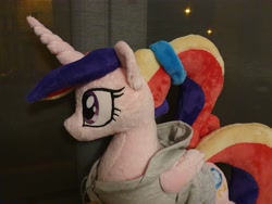 Size: 4032x3024 | Tagged: safe, artist:melodisde, princess cadance, alicorn, pony, g4, clothes, female, folded wings, hoodie, horn, irl, mare, photo, plushie, ponytail, solo, standing, teen princess cadance, wings