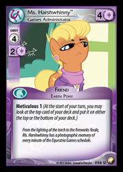 Size: 344x480 | Tagged: safe, enterplay, ms. harshwhinny, equestrian odysseys, flight to the finish, g4, my little pony collectible card game, ccg, chalkboard, classroom, eyebrows, female, frown, looking down, mare, merchandise, raised eyebrow, solo, stern