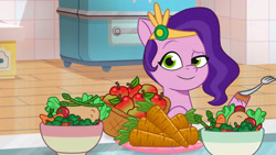 Size: 3072x1727 | Tagged: safe, screencap, pipp petals, pegasus, pony, g5, mission imponable, my little pony: tell your tale, spoiler:g5, spoiler:my little pony: tell your tale, carrot, eyebrows, female, food, fork, herbivore, mare, raised eyebrow, salad, smiling, solo