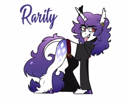 Size: 2028x1640 | Tagged: safe, artist:lrusu, rarity, pony, unicorn, g4, alternate design, belt, clothes, colored hooves, concave belly, dock, ear piercing, ear tufts, earring, eye clipping through hair, eyebrows, eyebrows visible through hair, hoof polish, jewelry, leonine tail, looking at you, name, necklace, open mouth, piercing, red eyes, redesign, sharp teeth, simple background, slender, slit pupils, smiling, smirk, tail, teeth, text, thin, tongue out, turtleneck, unshorn fetlocks, white background