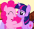 Size: 796x663 | Tagged: safe, screencap, pinkie pie, twilight sparkle, earth pony, pony, unicorn, g4, griffon the brush off, my little pony: friendship is magic, season 1, cropped, cute, diapinkes, duo, duo female, eyes closed, female, hoof on chest, mare, smiling, sugarcube corner, twiabetes, unicorn twilight