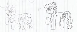 Size: 1000x410 | Tagged: safe, artist:jimthecactus, pinkie pie, earth pony, pony, g4, female, grayscale, mare, monochrome, pencil drawing, raised hoof, sketch, solo, traditional art