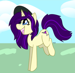 Size: 869x851 | Tagged: safe, artist:vanillayote, oc, pony, unicorn, female, hat, horn, kicking, open mouth, open smile, outdoors, smiling, solo, unicorn oc