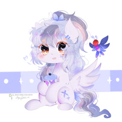 Size: 1024x1024 | Tagged: safe, artist:magicangelstarartist, oc, oc only, oc:butterfly layla, pegasus, pony, female, flower, flower in hair, mare, simple background, sitting, solo, spread wings, wings