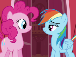 Size: 1034x780 | Tagged: safe, screencap, pinkie pie, rainbow dash, earth pony, pegasus, pony, g4, griffon the brush off, season 1, cropped, duo, duo female, eye contact, female, lidded eyes, looking at each other, looking at someone, mare, smiling