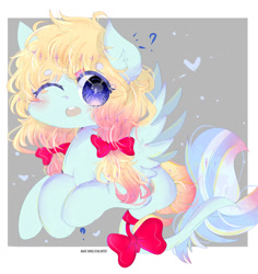 Size: 1024x1084 | Tagged: safe, artist:magicangelstarartist, oc, oc only, oc:stefilia, pegasus, pony, bow, looking at you, one eye closed, shocked, simple background, solo, spread wings, wings, wink