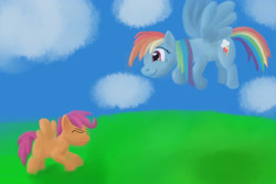 Size: 3000x2000 | Tagged: safe, artist:jimthecactus, rainbow dash, scootaloo, pegasus, pony, g4, duo, eyes closed, female, filly, flying lesson, foal, high res, mare