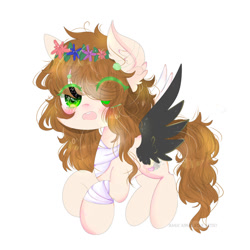 Size: 1024x1024 | Tagged: safe, artist:magicangelstarartist, oc, oc only, oc:black wings, pegasus, pony, blushing, female, floating, floral head wreath, flower, flower in hair, mare, solo, surprised