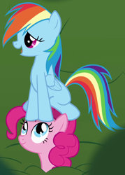 Size: 682x953 | Tagged: safe, screencap, pinkie pie, rainbow dash, earth pony, pegasus, pony, g4, griffon the brush off, season 1, cropped, duo, duo female, female, folded wings, looking at someone, looking up, mare, oblivious, open mouth, open smile, ponies riding ponies, pony hat, rainbow dash riding pinkie pie, riding, sitting, sitting on person, sitting on pony, smiling, wings