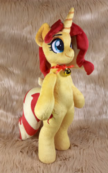 Size: 2424x3886 | Tagged: safe, artist:doctorkoda, sunset shimmer, pony, unicorn, g4, bell, bipedal, collar, commission, female, happy, high res, horn, irl, mare, photo, plushie, smiling, solo, standing