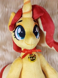 Size: 3072x4096 | Tagged: safe, artist:doctorkoda, sunset shimmer, pony, unicorn, g4, bell, bipedal, collar, commission, female, happy, horn, irl, mare, photo, plushie, smiling, solo, standing