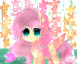 Size: 1024x854 | Tagged: safe, artist:magicangelstarartist, fluttershy, pegasus, pony, g4, crying, female, flower, looking at you, mare, sad, simple background, solo