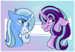 Size: 1280x881 | Tagged: safe, artist:sallybatbridge, starlight glimmer, trixie, pony, unicorn, g4, bust, colored muzzle, duo, duo female, female, lesbian, mare, ship:startrix, shipping, simple background