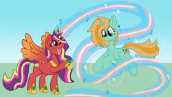 Size: 2092x1184 | Tagged: safe, artist:vanillayote, oc, oc only, oc:princess hotcakes, oc:radiant hotcakes, oc:sketch, alicorn, pony, unicorn, alicorn oc, duo, female, floating, horn, male to female, outdoors, pride, pride flag, raised hoof, rule 63, singing, spread wings, transformation, transgender pride flag, transgender transformation, wings