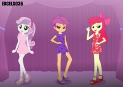 Size: 1062x751 | Tagged: safe, artist:excelso36, part of a set, apple bloom, scootaloo, sweetie belle, human, equestria girls, g4, bowtie, casual, clothes, commission, converse, cutie mark crusaders, dress, feet, female, formal wear, hat, high heels, lidded eyes, nail polish, open-toed shoes, sandals, shoes, skirt, suit, suspenders, toenail polish, toes, trio, trio female