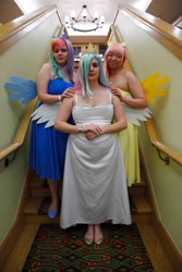 Size: 3744x5616 | Tagged: safe, artist:jimthecactus, fluttershy, princess celestia, rainbow dash, human, g4, absurd resolution, clothes, cosplay, costume, dress, female, hands together, irl, looking at you, photo, pony ears, stairs, trio