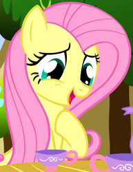 Size: 623x805 | Tagged: safe, screencap, fluttershy, pegasus, pony, g4, season 1, stare master, cropped, cup, cute, female, fluttershy's cottage, food, hnnng, hoof on chest, mare, open mouth, raised hoof, shyabetes, sitting, smiling, talking, tea, tea party, teacup