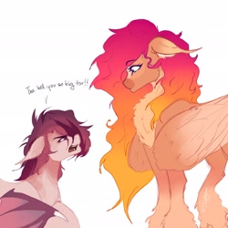 Size: 2048x2048 | Tagged: safe, artist:novadraws19205, oc, oc:crimm harmony, oc:nova rossi, bat pony, pegasus, pony, angry, chest fluff, dialogue, ears back, eyebrows, eyebrows visible through hair, floppy ears, high res, size difference, unshorn fetlocks