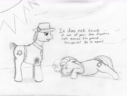 Size: 1698x1276 | Tagged: safe, artist:jimthecactus, oc, oc only, earth pony, pony, dialogue, drill sergeant, eyes closed, floppy ears, grayscale, hat, male, monochrome, pencil drawing, ponysona, push-ups, stallion, traditional art