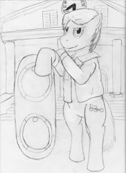 Size: 1276x1748 | Tagged: safe, artist:jimthecactus, earth pony, pony, back to the future, bipedal, bipedal leaning, grayscale, hoverboard, leaning, looking at you, marty mcfly, monochrome, pencil drawing, ponified, smiling, smiling at you, smirk, solo, traditional art