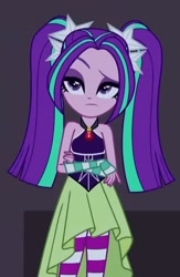 Size: 551x845 | Tagged: safe, screencap, aria blaze, human, equestria girls, g4, my little pony equestria girls: rainbow rocks, bare shoulders, clothes, dress, eyebrows, female, raised eyebrow, sleeveless, solo