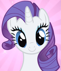 Size: 611x711 | Tagged: safe, screencap, rarity, pony, unicorn, a dog and pony show, g4, season 1, beautiful, bust, cropped, cute, female, happy, implied spike, looking at you, mare, pink background, raribetes, simple background, smiling, solo