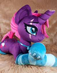 Size: 3054x3849 | Tagged: safe, artist:doctorkoda, tempest shadow, pony, unicorn, g4, bell, broken horn, clothes, collar, female, high res, horn, irl, lying down, mare, photo, plushie, prone, scar, socks, solo, striped socks
