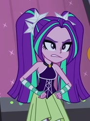 Size: 661x891 | Tagged: safe, screencap, aria blaze, human, equestria girls, g4, my little pony equestria girls: rainbow rocks, bare shoulders, clothes, dress, female, sleeveless, solo