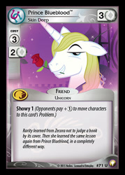 Size: 344x480 | Tagged: safe, enterplay, prince blueblood, pony, unicorn, equestrian odysseys, g4, my little pony collectible card game, the best night ever, ccg, flower, flower in mouth, lidded eyes, male, merchandise, mouth hold, rose, rose in mouth, solo, stallion