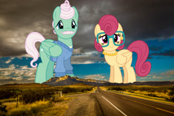 Size: 2000x1333 | Tagged: safe, anonymous editor, artist:dashiesparkle, edit, gentle breeze, posey shy, pegasus, pony, g4, clothes, facial hair, female, giant pony, giantess, glasses, highrise ponies, irl, macro, male, mare, mountain, mountain range, moustache, photo, ponies in real life, ship:shys, shipping, stallion, straight, sweater