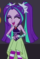Size: 537x785 | Tagged: safe, screencap, aria blaze, human, equestria girls, g4, my little pony equestria girls: rainbow rocks, bare shoulders, clothes, dress, evil laugh, female, laughing, sleeveless, solo