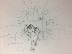 Size: 3264x2448 | Tagged: safe, artist:anxiouspon, oc, oc only, oc:velvet remedy, pony, unicorn, fallout equestria, female, high res, mare, sketch, solo, stable door, traditional art, unshorn fetlocks