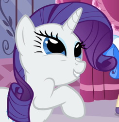 Size: 496x506 | Tagged: safe, screencap, rarity, sapphire shores, pony, unicorn, a dog and pony show, g4, season 1, butt, cropped, cute, female, mare, offscreen character, plot, raised hoof, raribetes, solo focus