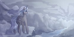 Size: 8000x4000 | Tagged: safe, artist:dreamyrat, oc, oc only, pony, unicorn, blue eyes, cloud, horn, male, mountain, river, snow, solo, stallion, trade, unicorn oc, water